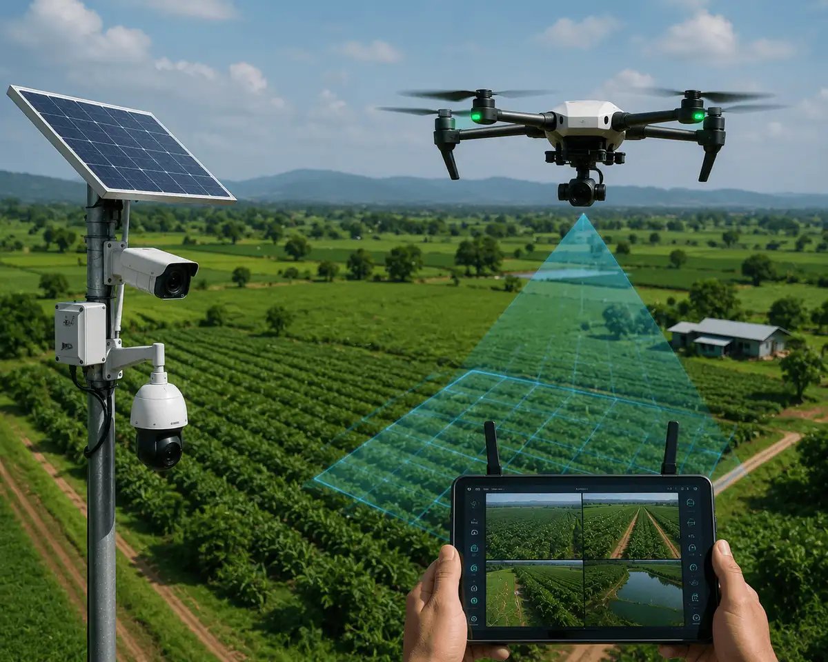 AI drone surveillance system for farm security, aerial monitoring, thermal imaging, and real-time agricultural estate inspection.